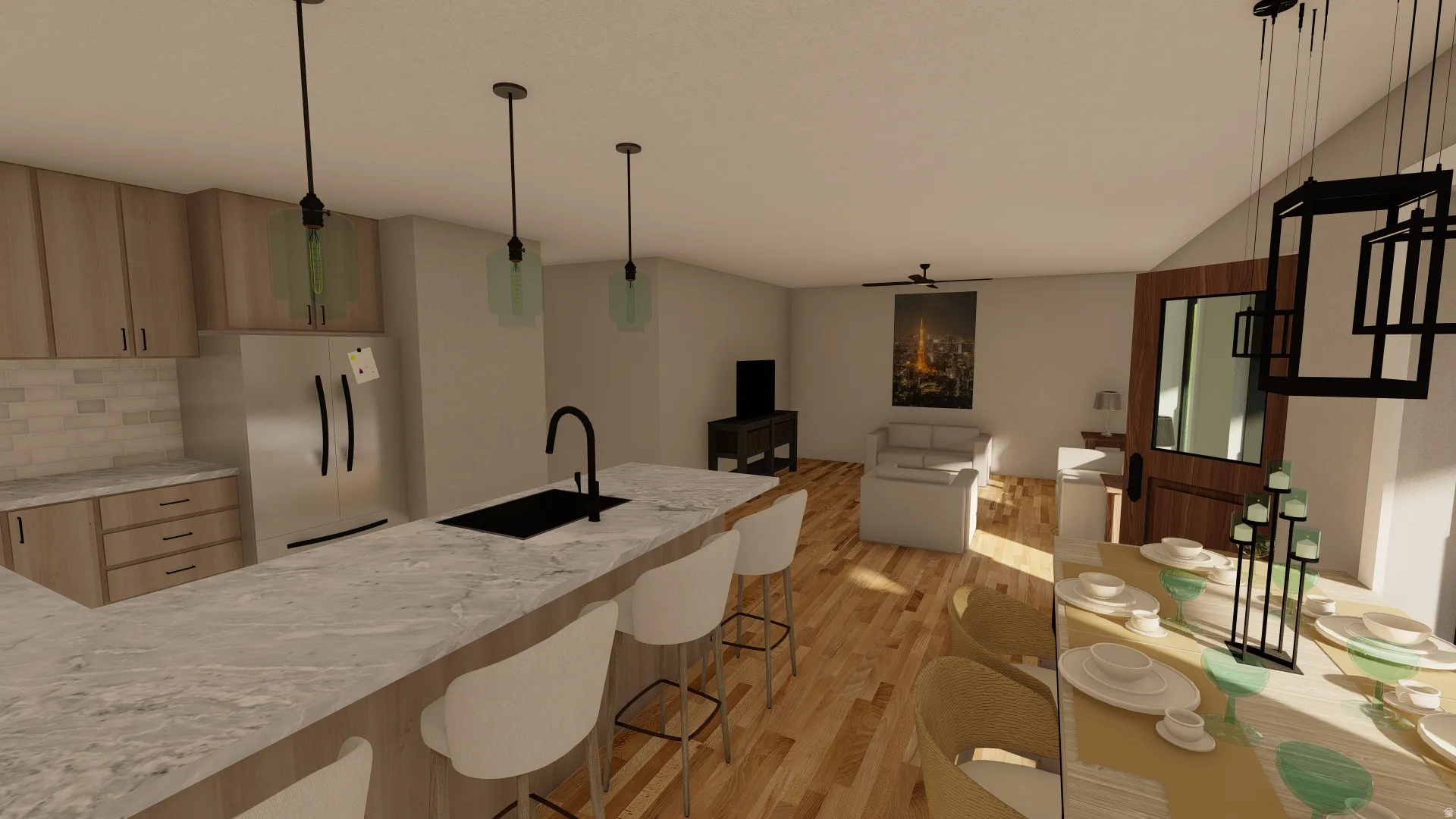 Kitchen featuring fridge, light stone counters, and open floor plan