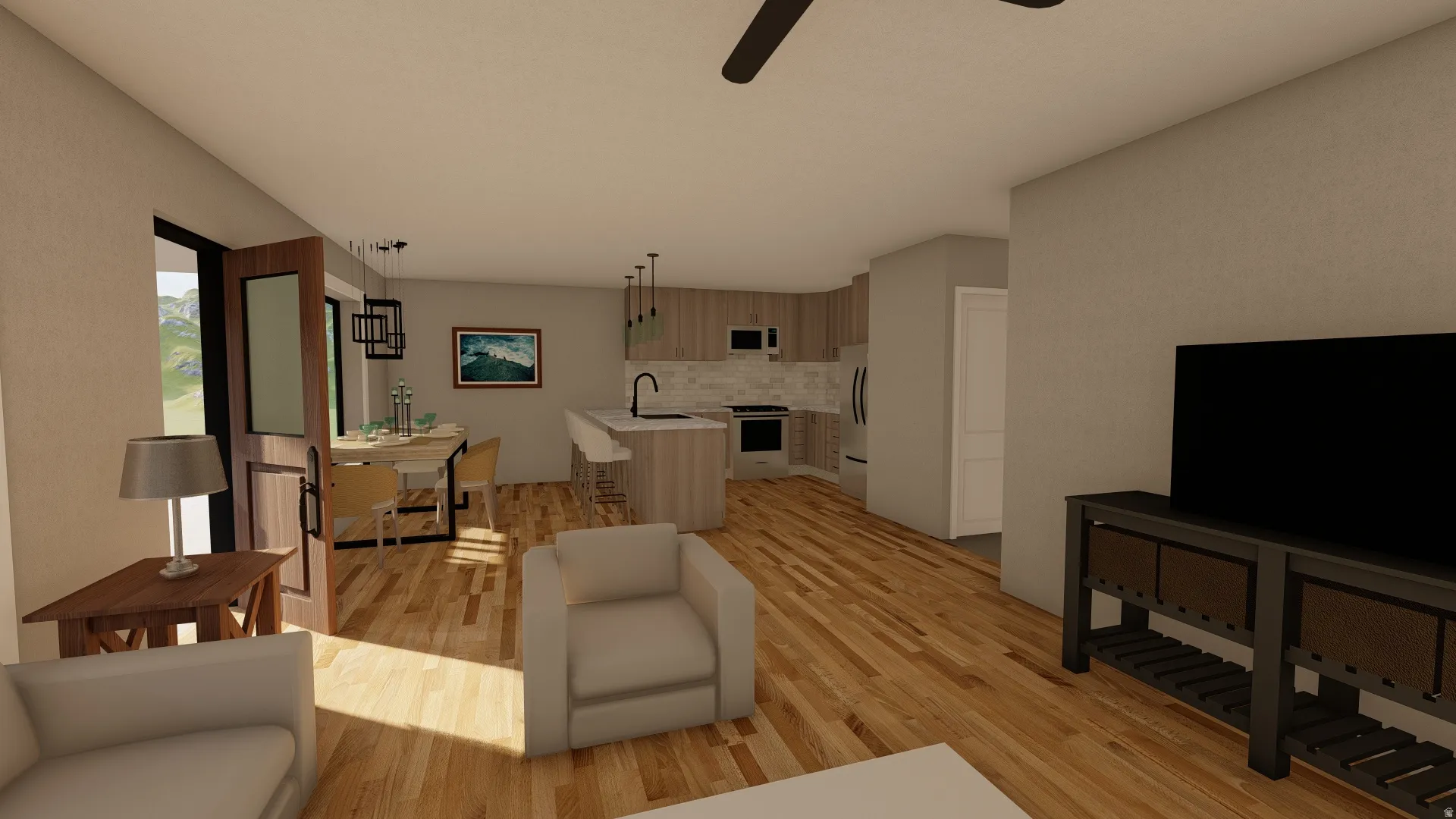 Living area featuring a ceiling fan and light wood-style flooring