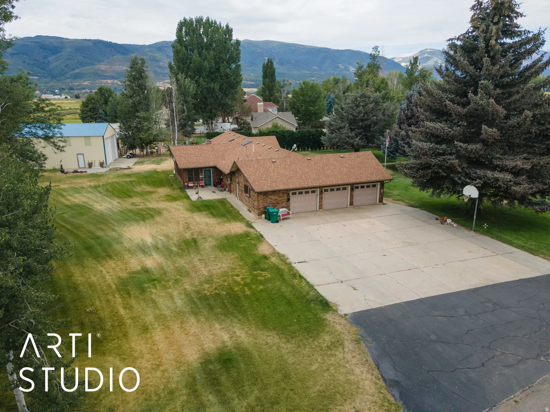 Drone / aerial view of a mountainous background