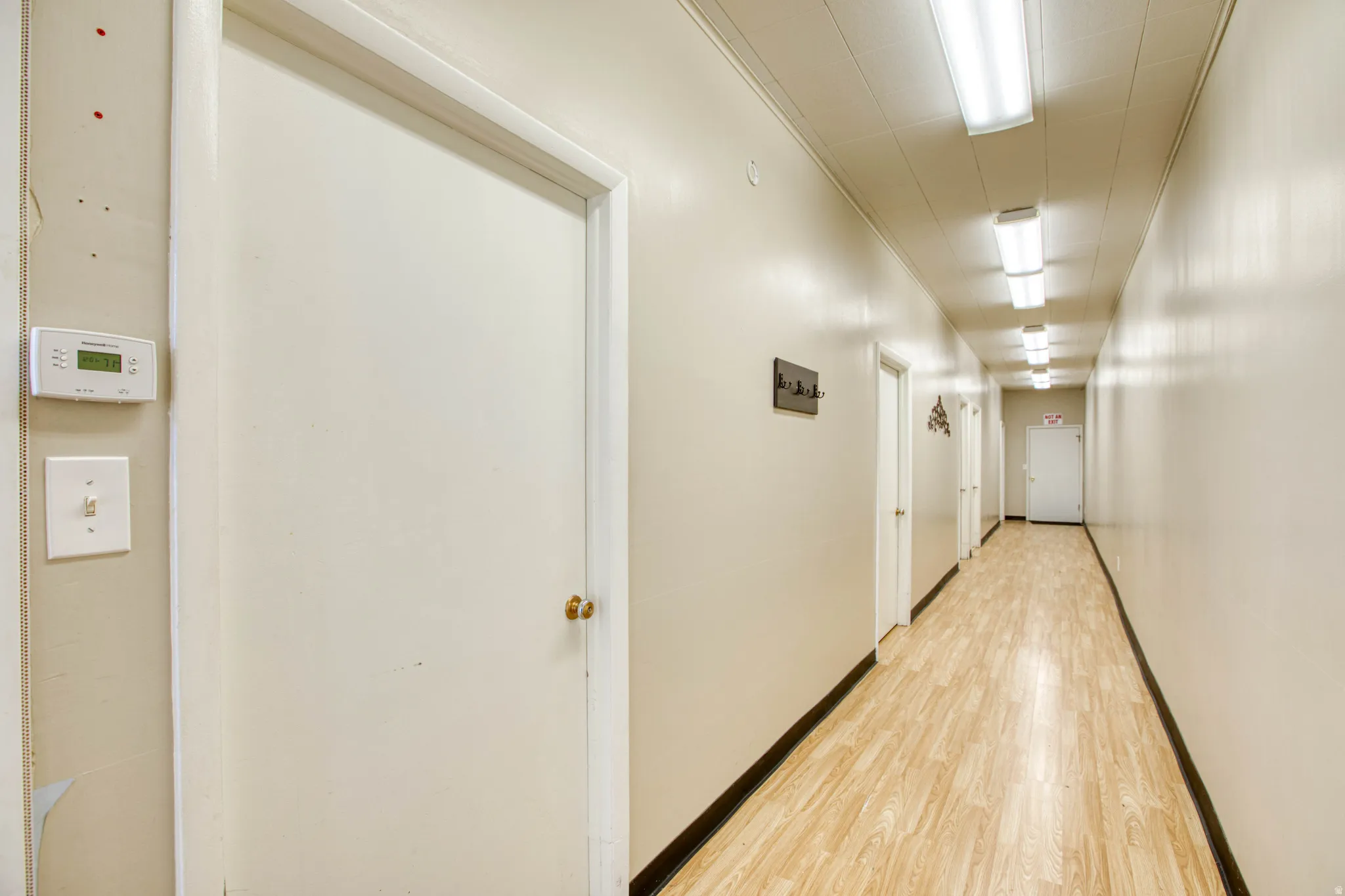 Corridor with light wood-type flooring and ornamental molding