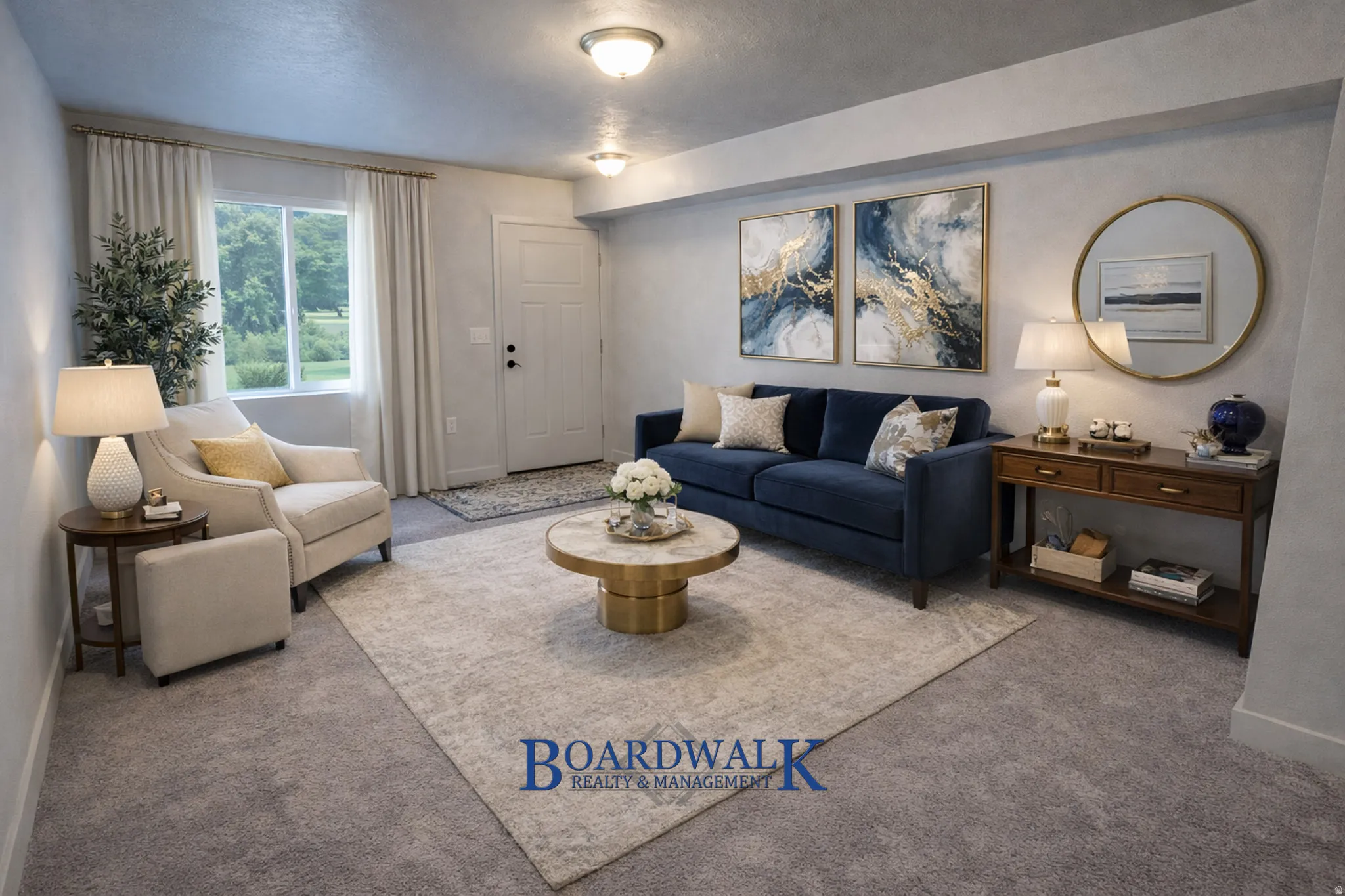Living room with carpet and a textured ceiling