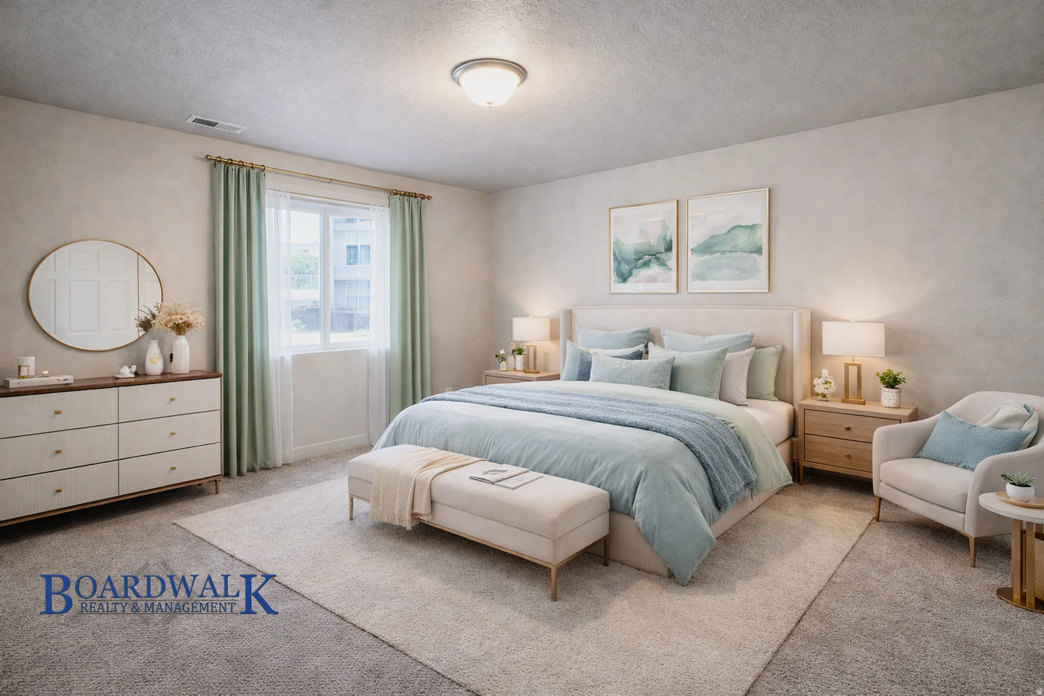 Bedroom featuring carpet floors and a textured ceiling