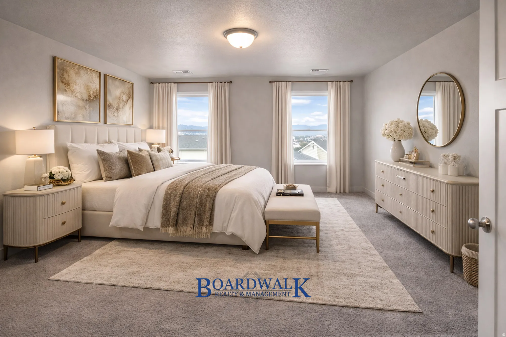 Carpeted bedroom with a textured ceiling and baseboards