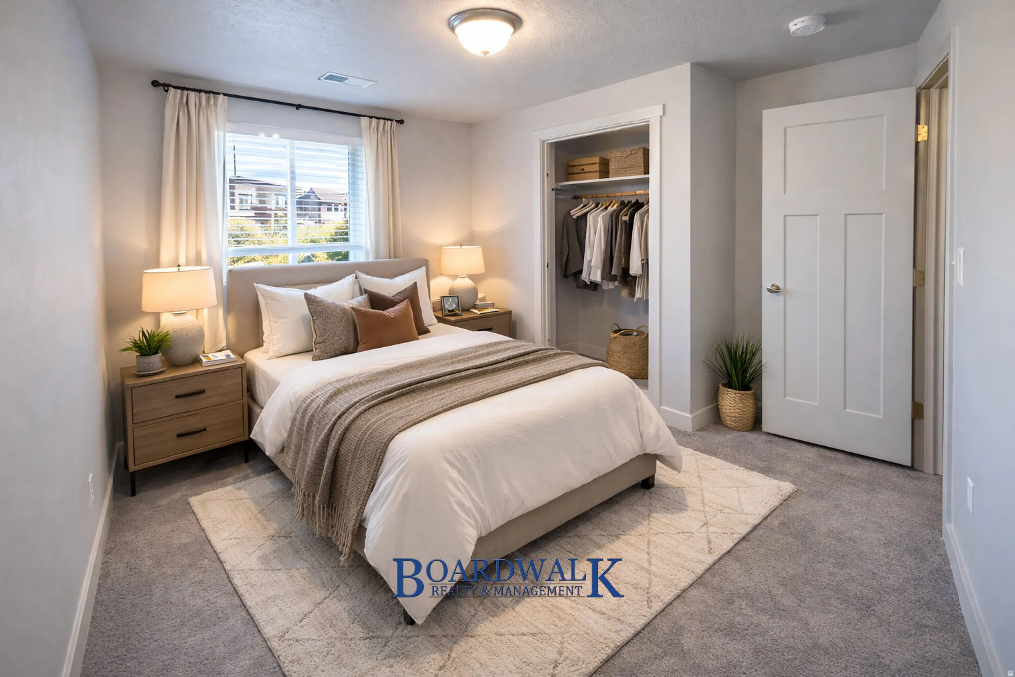 Bedroom with carpet, a closet, and a textured ceiling