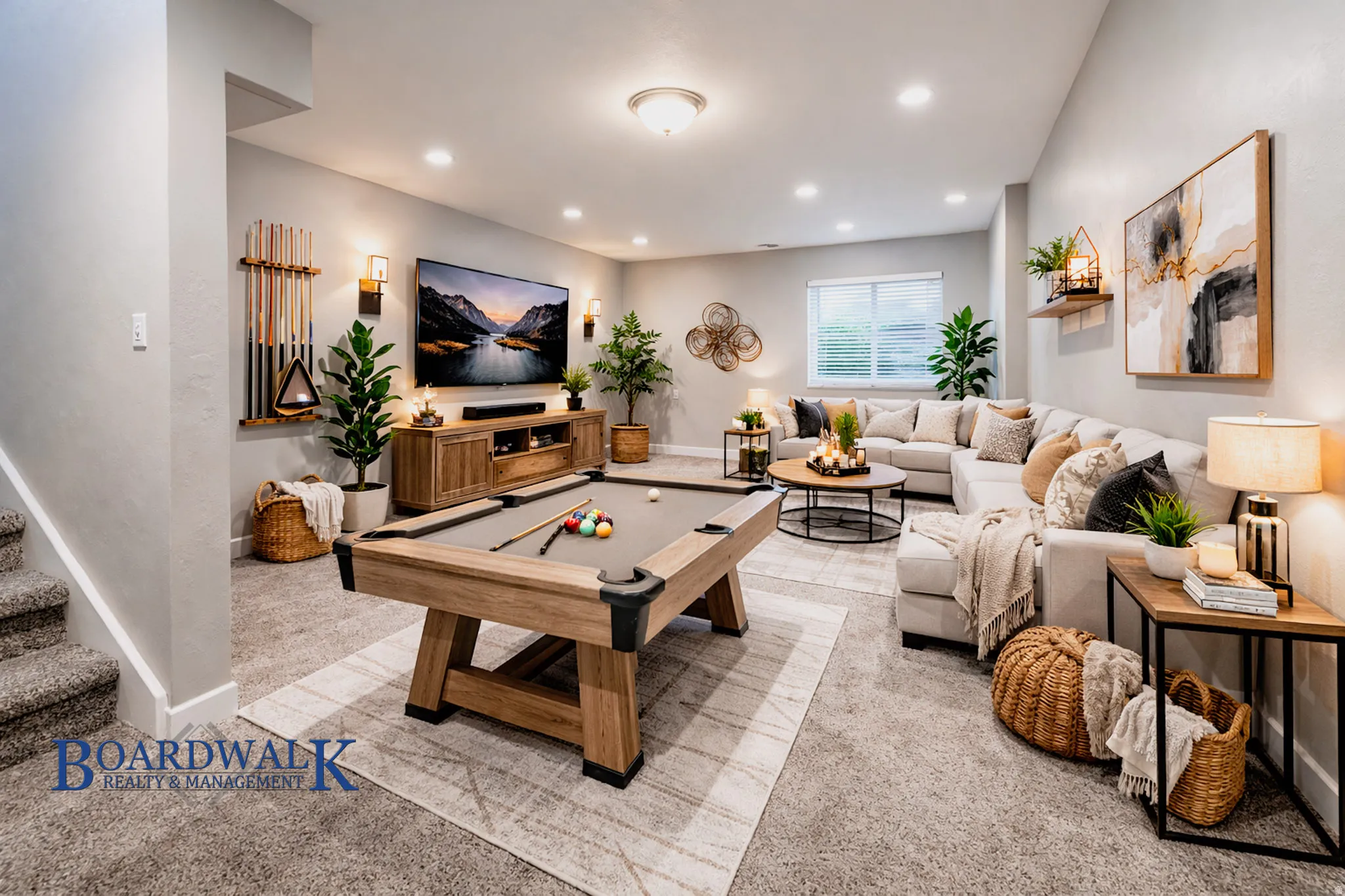 Game room with billiards table, light carpet, and recessed lighting