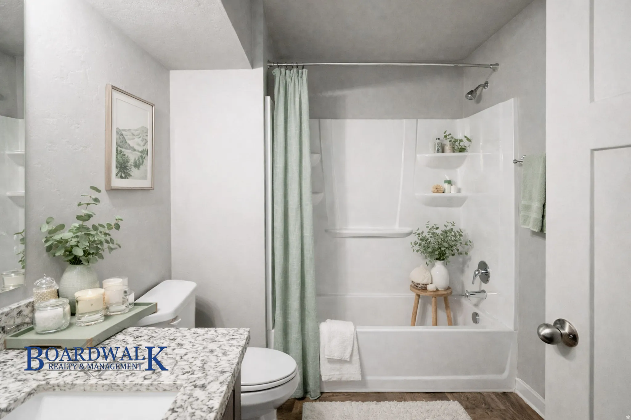 Full bathroom with shower / tub combo, vanity, and dark wood-type flooring