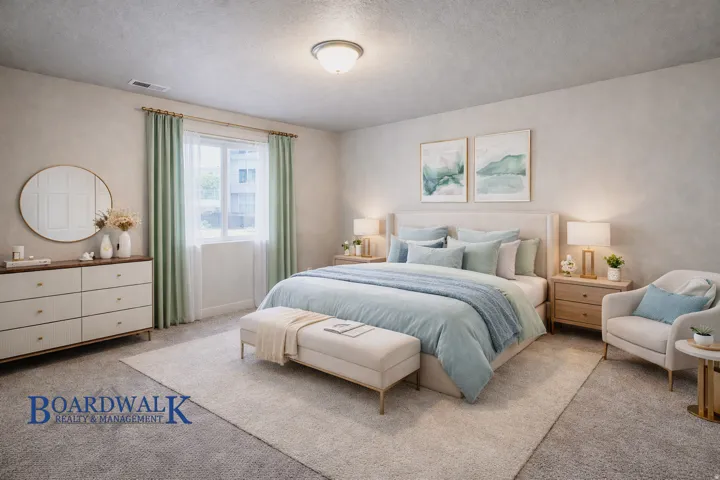 Bedroom featuring carpet floors and a textured ceiling