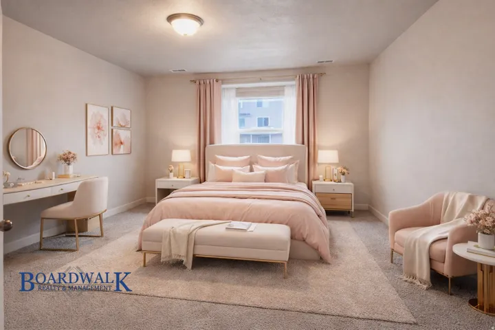Bedroom featuring carpet floors and baseboards