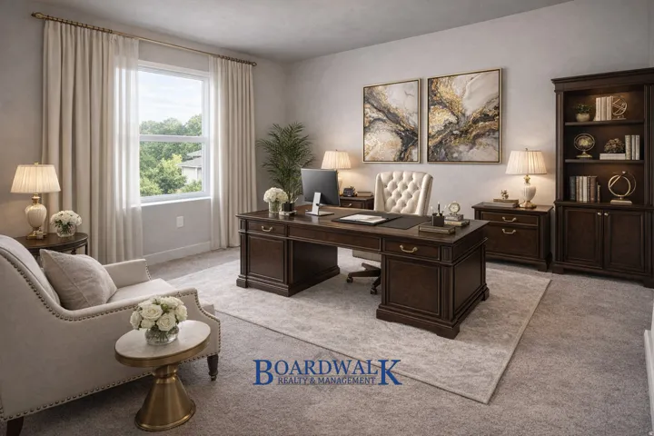 Office area featuring light colored carpet