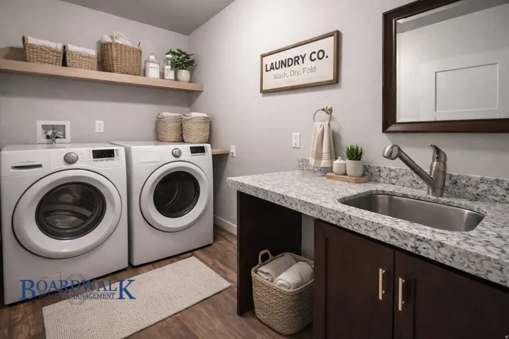 Laundry room with washing machine and dryer, dark wood-type flooring, and cabinet space
