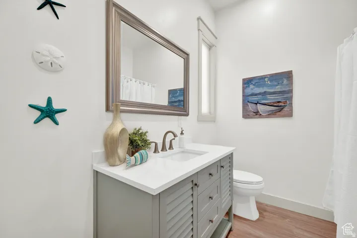 Bathroom featuring vanity, a shower with shower curtain, and light wood-style floors