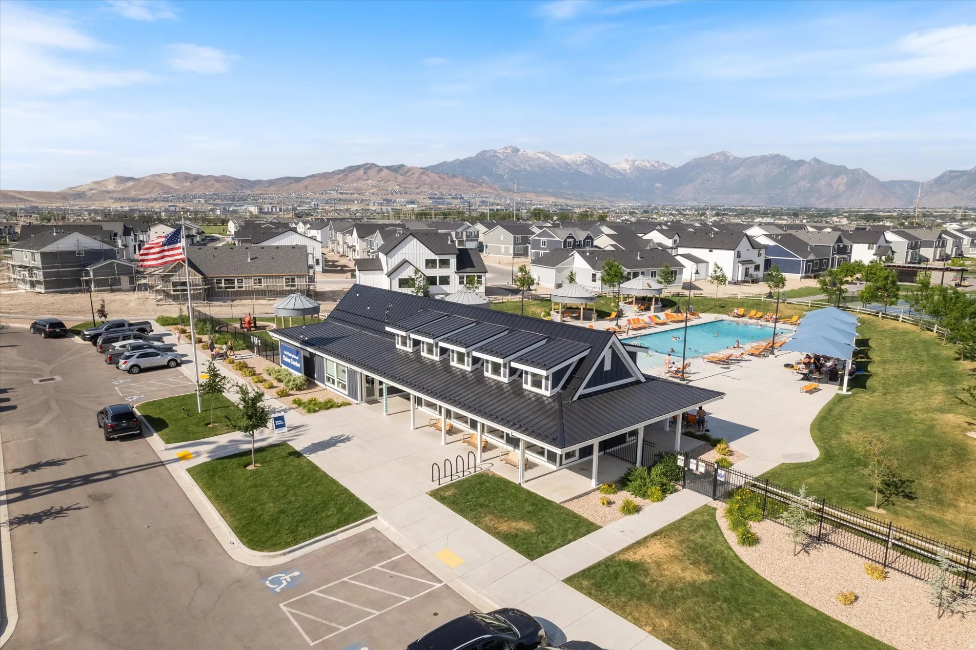 Aerial view of residential area with mountains