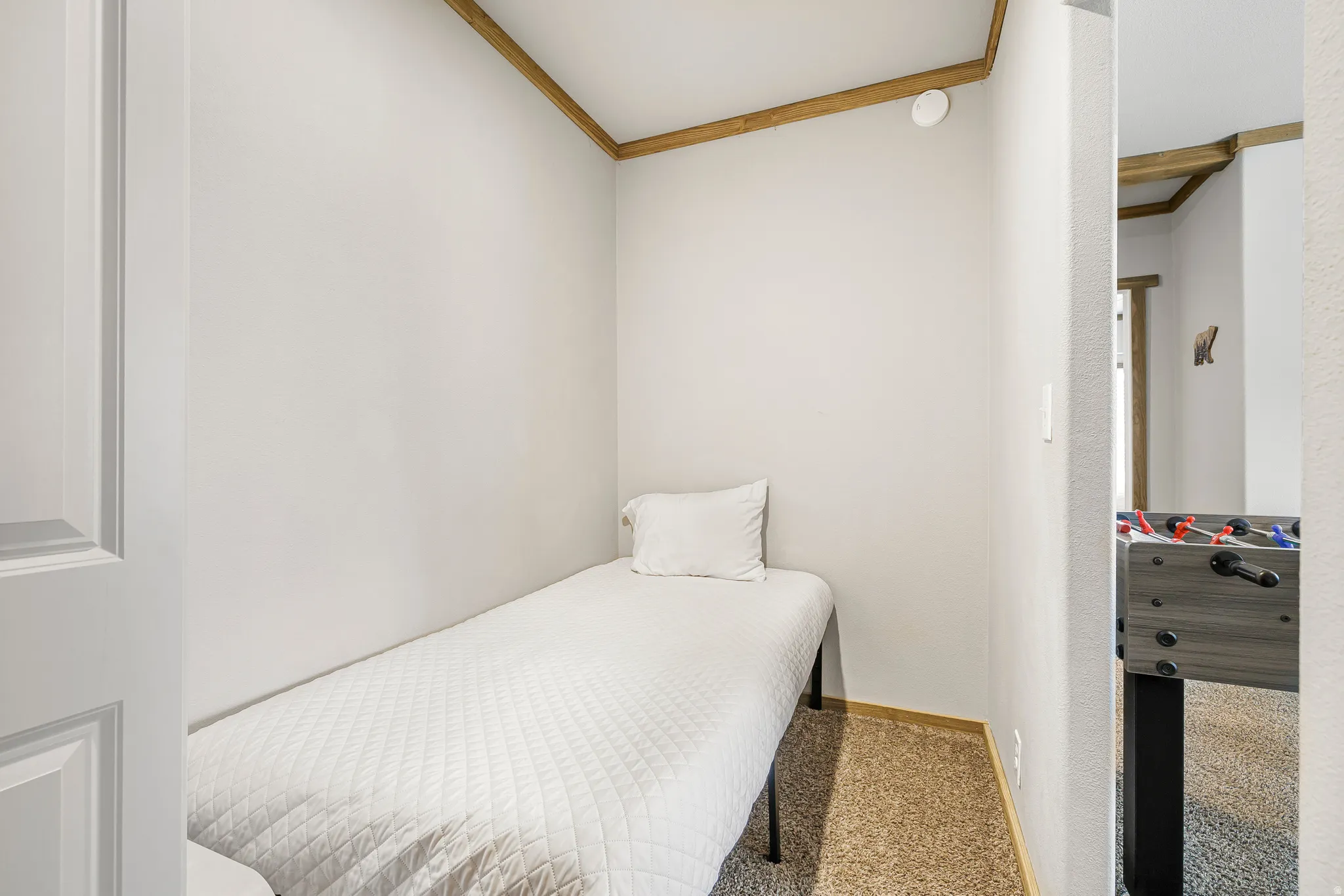 Bedroom with crown molding and carpet flooring