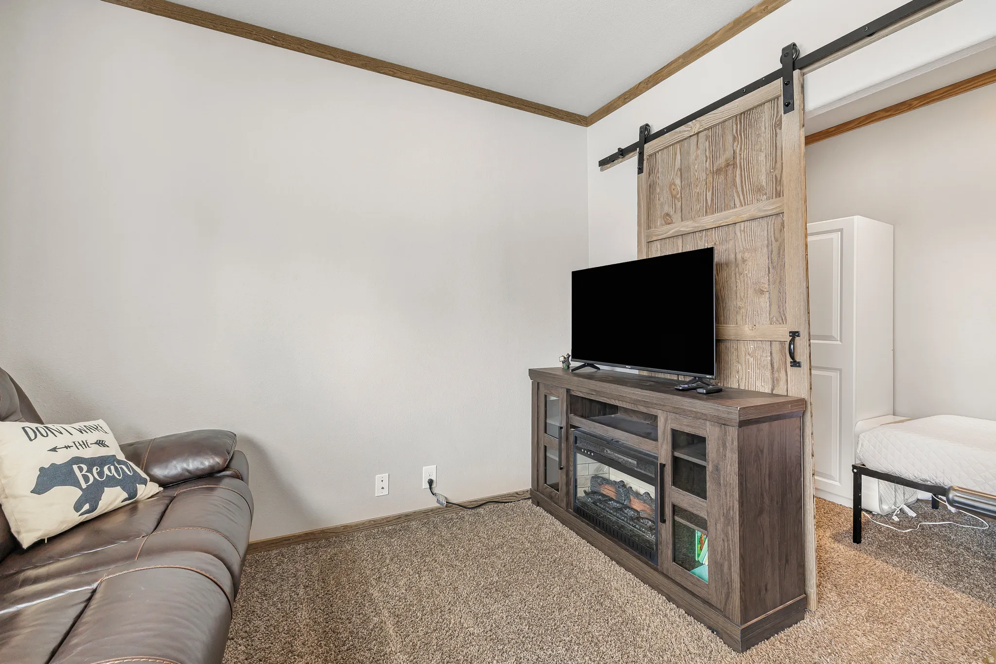 Living area with a barn door, carpet, and ornamental molding