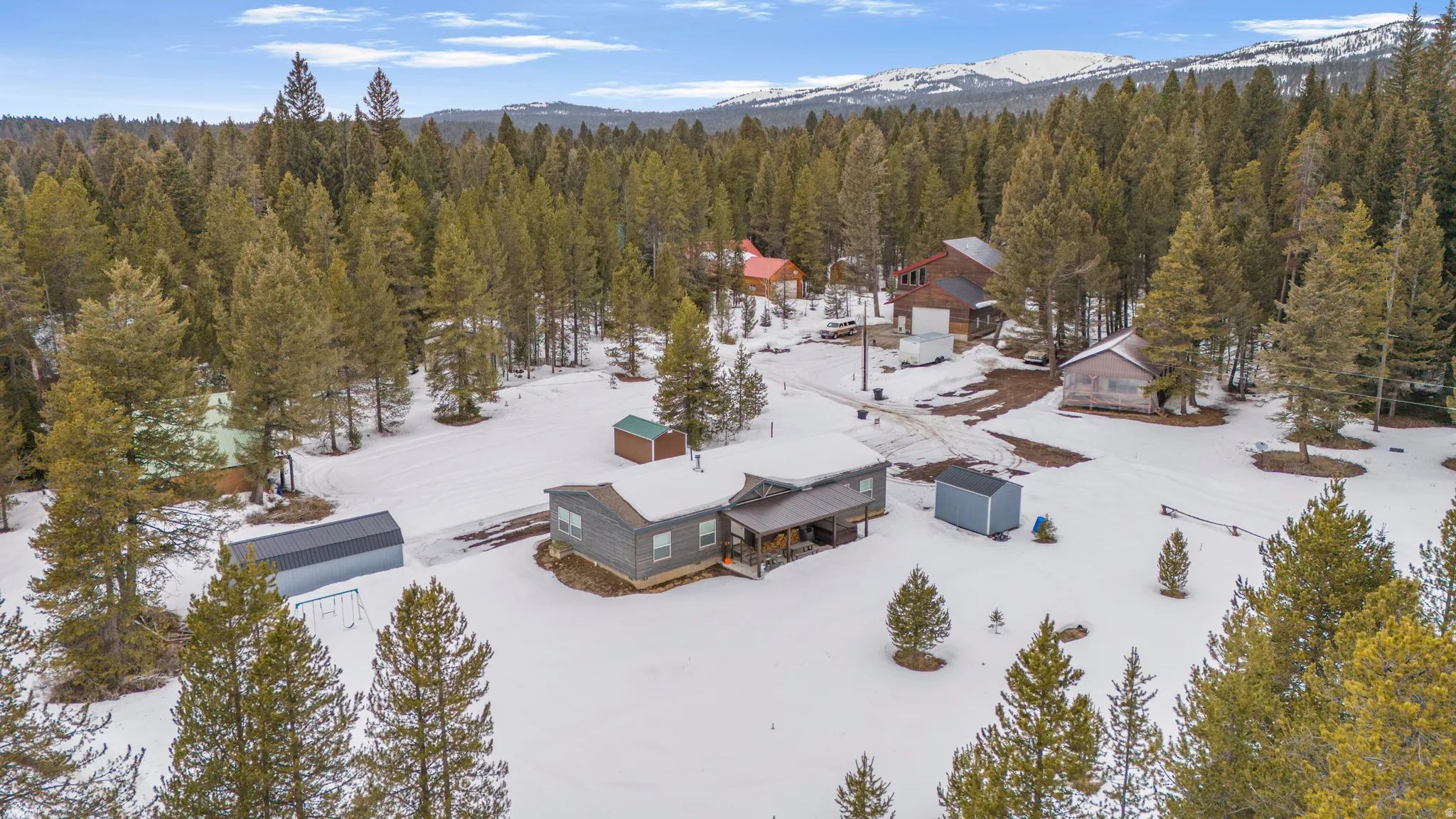 Snowy aerial view featuring a mountain view and a wooded view