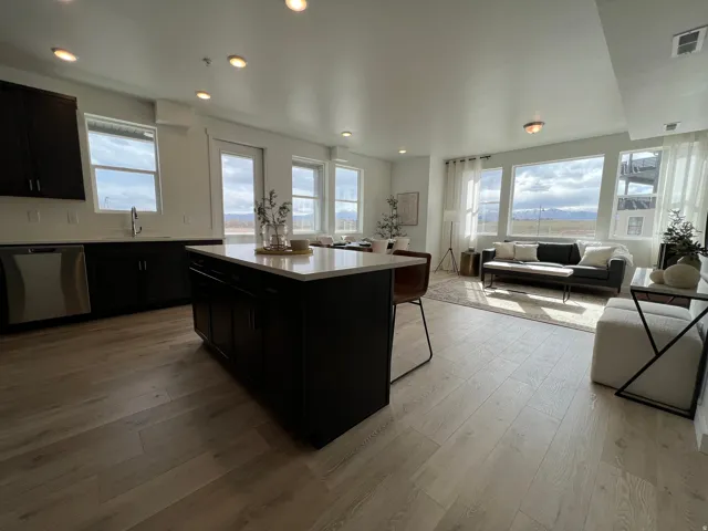 Kitchen featuring dark cabinets, a kitchen island, stainless steel dishwasher, light wood-style floors, and open floor plan