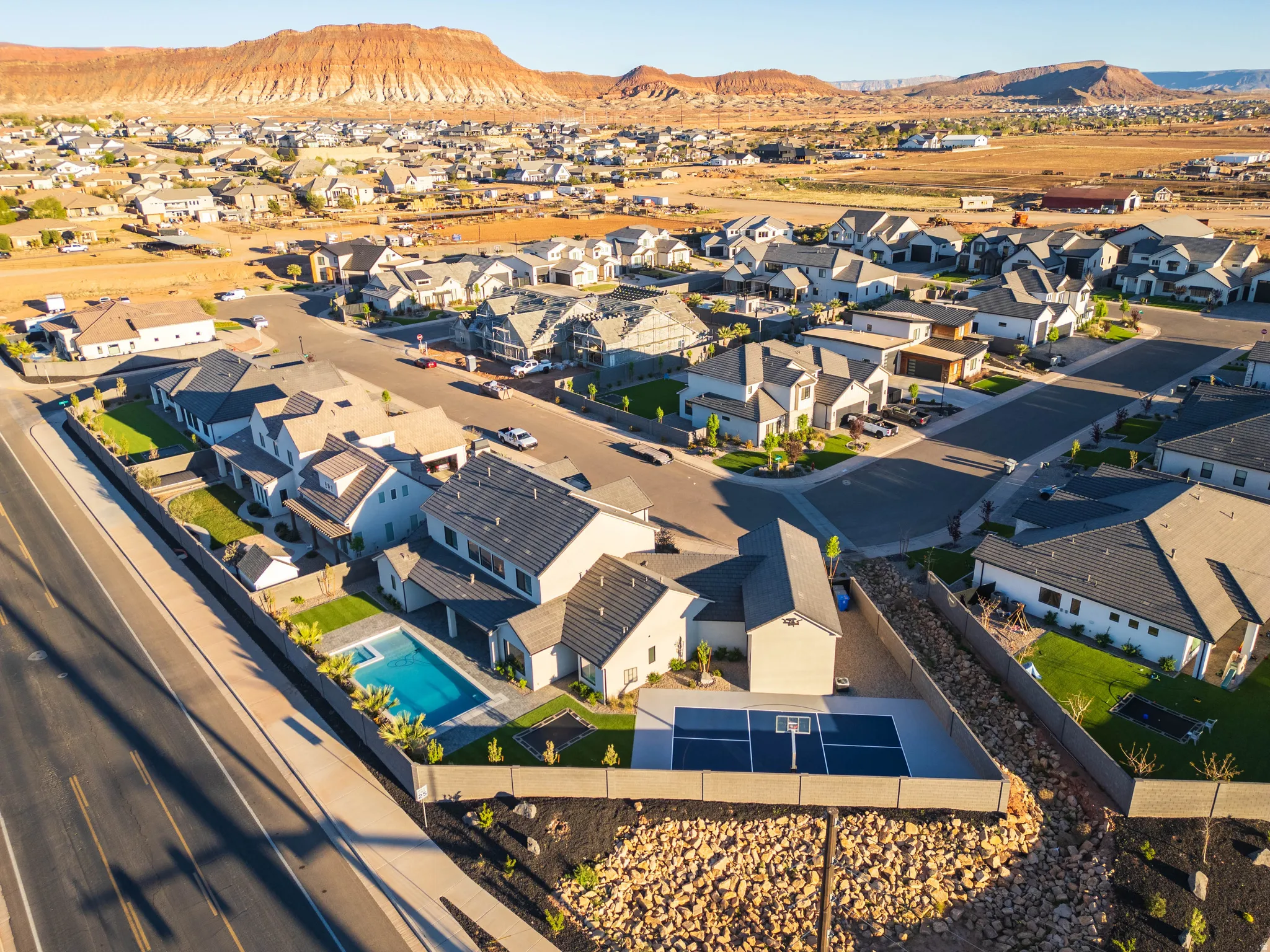 Aerial perspective of suburban area featuring mountains