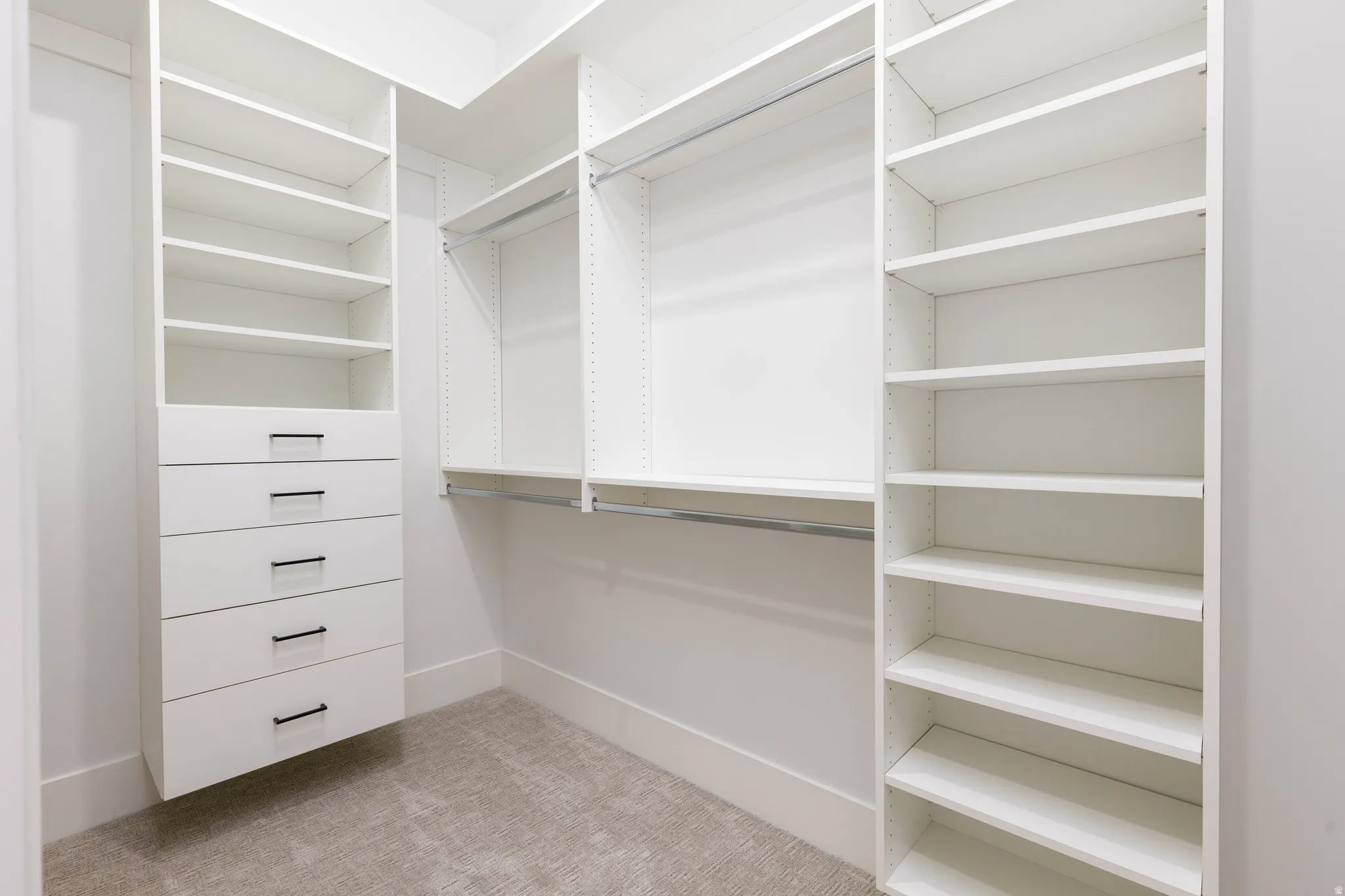 Walk in closet with light carpet