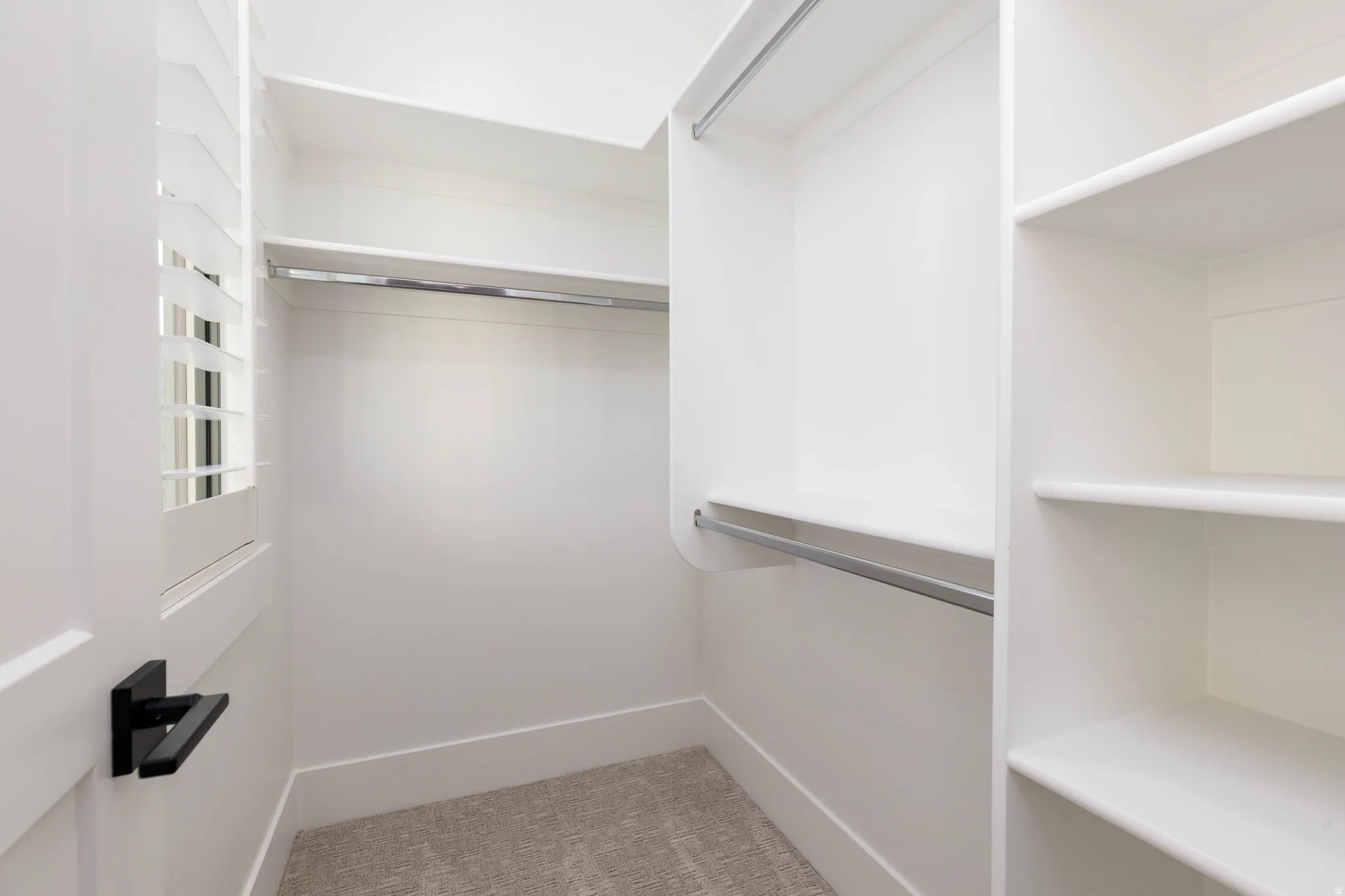 Walk in closet with light colored carpet