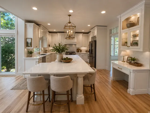Open-concept kitchen featuring white cabinetry, light wood-finish flooring, and an expansive island with a light-toned countertop AI-staged or enhanced