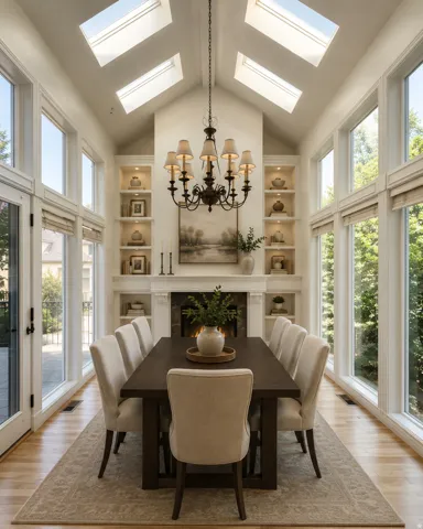 Dining area with vaulted ceilings, multiple skylights, and wood-finish flooring AI-staged or enhanced