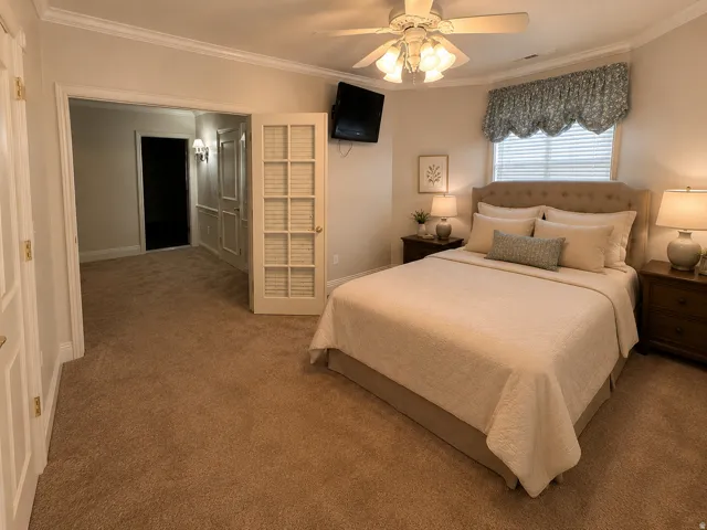 Carpeted room featuring crown molding, a ceiling fan with light fixture, and a window with blinds AI-staged or enhanced