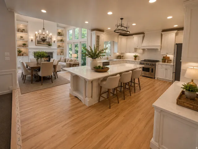Open-concept living space featuring wood-finish flooring, a kitchen with white cabinetry and a large island with seating, a dining area, and a living room with a fireplace and built-in shelving AI-staged or enhanced
