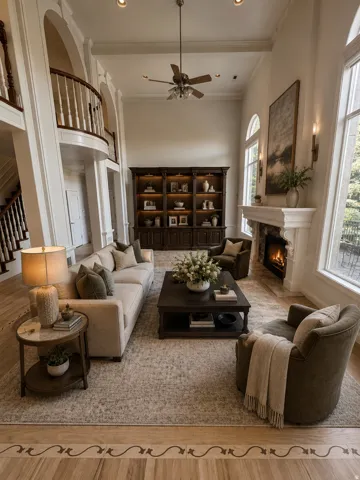 Grand living area with soaring ceilings and decorative architectural columns AI-staged or enhanced