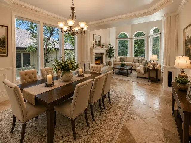 Formal dining area featuring a wood-finish table and upholstered chairs AI-staged or enhanced