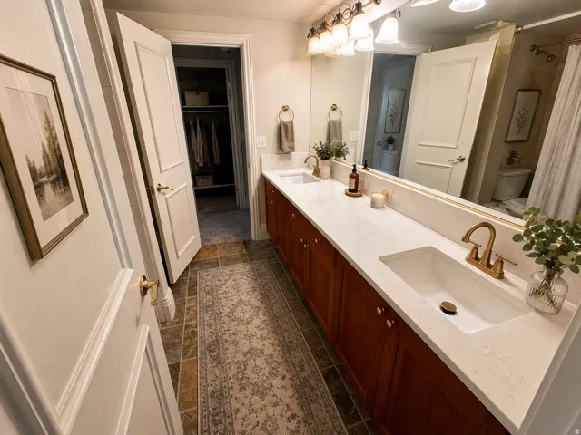 Dual vanity featuring undermount sinks, quartz countertops, and brass-finish fixtures AI-staged or enhanced