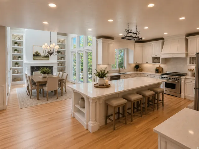 Open-concept living space featuring a spacious kitchen island, stainless steel range, light wood-finish flooring, a dining area with a chandelier, and built-in shelving surrounding a fireplace AI-staged or enhanced