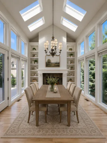 Vaulted ceiling dining area featuring multiple skylights, a decorative chandelier, and a fireplace with a detailed mantel AI-staged or enhanced