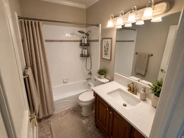 Full bathroom featuring a single vanity with wood cabinetry, a light-colored countertop, and a brass-finish faucet AI-staged or enhanced