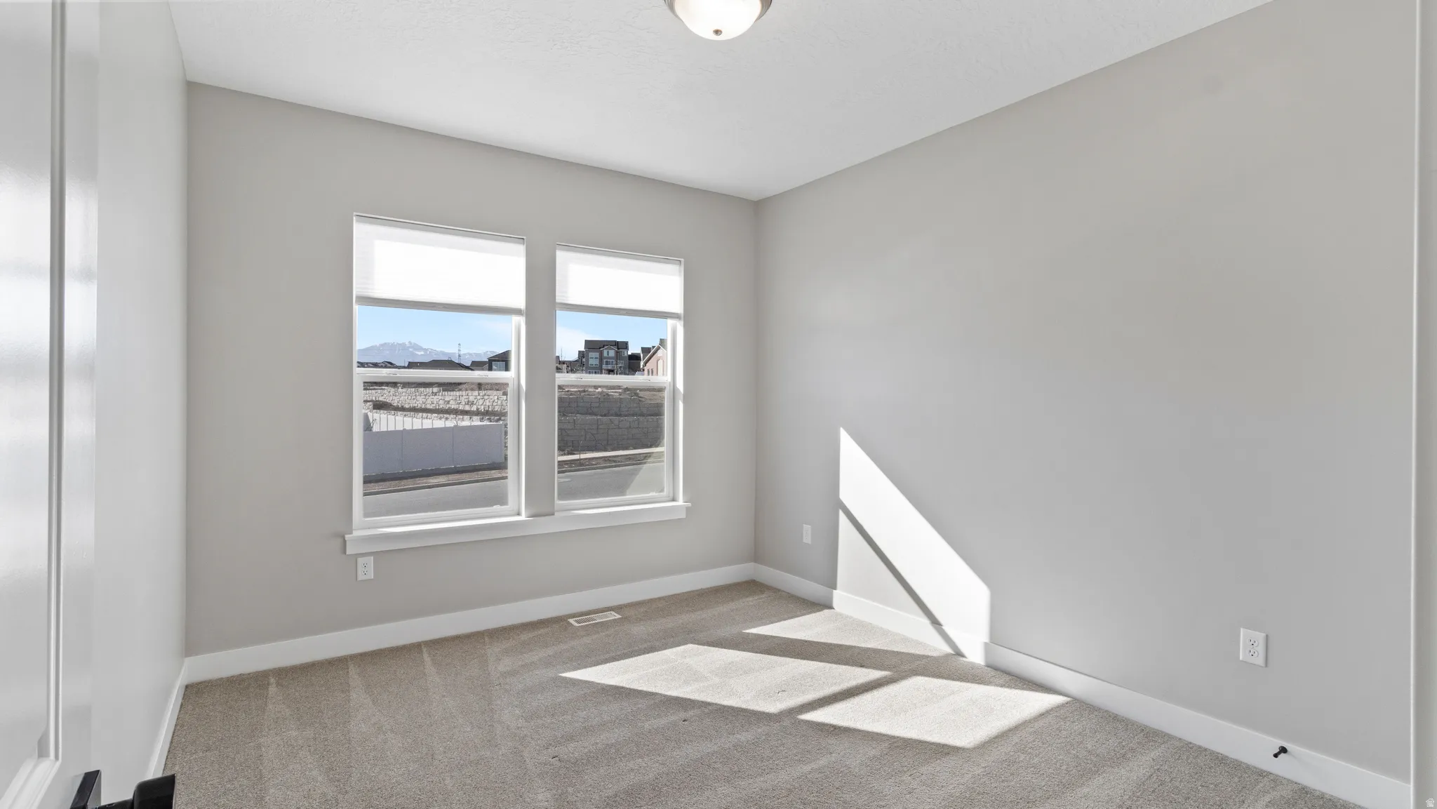Unfurnished room with light carpet and baseboards