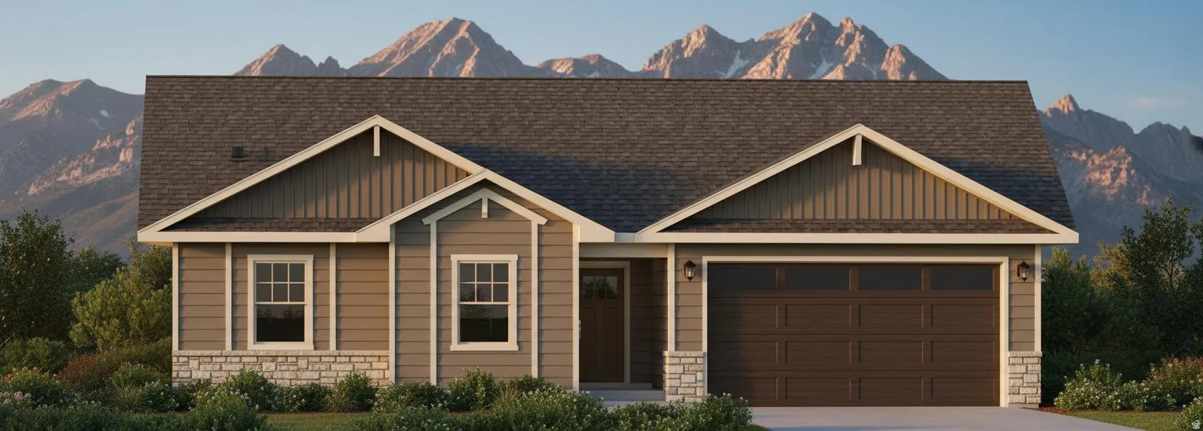 View of front of home with board and batten siding, a mountain view, an attached garage, stone siding, and driveway