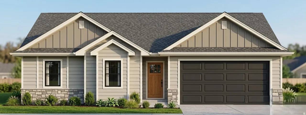 View of front facade with board and batten siding, stone siding, an attached garage, and a shingled roof