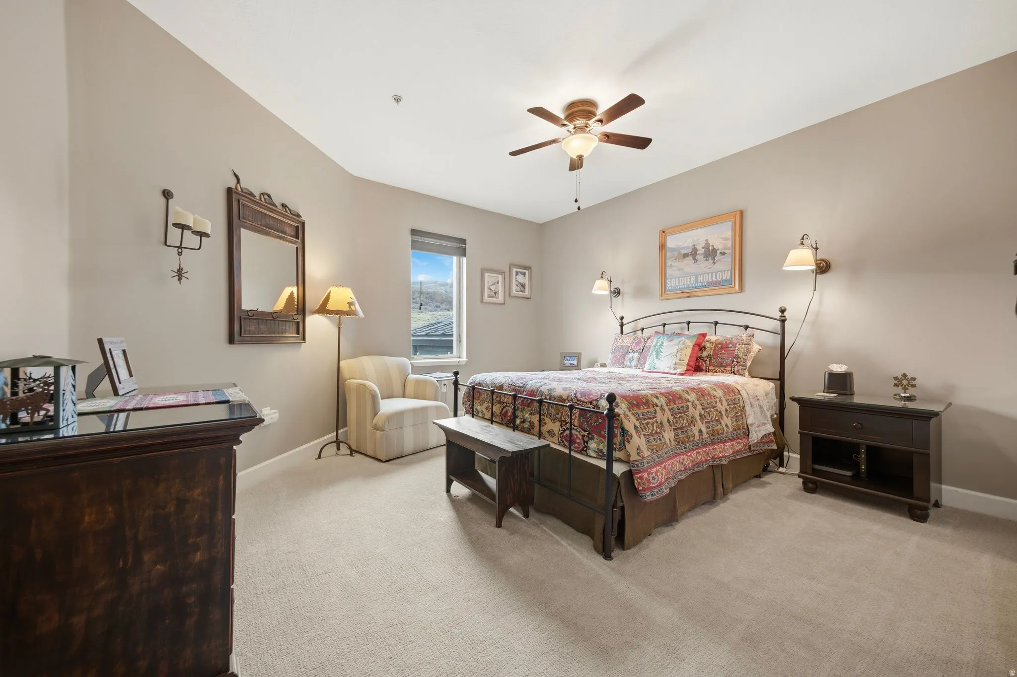 Bedroom with carpet floors and ceiling fan