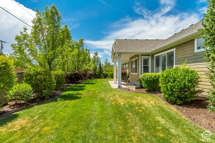 Expansive backyard featuring a manicured lawn, established perimeter trees, and mature shrubbery
