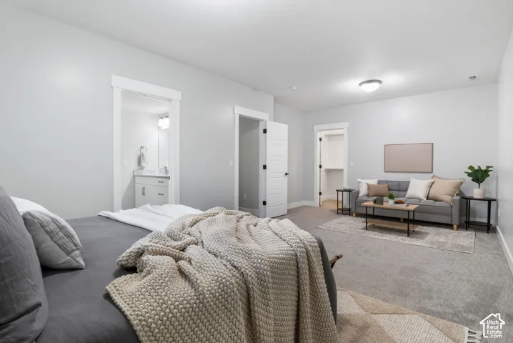 Bedroom with carpet, a walk in closet, and connected bathroom