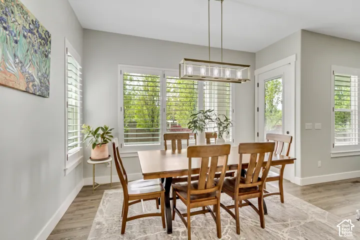 Dining area featuring light wood-style floors and healthy amount of natural light