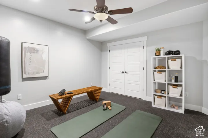 Exercise area with a ceiling fan and dark carpet