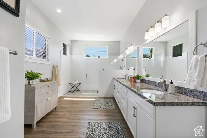 Bathroom featuring double vanity, plenty of natural light, a shower stall, dark wood-style floors, and recessed lighting