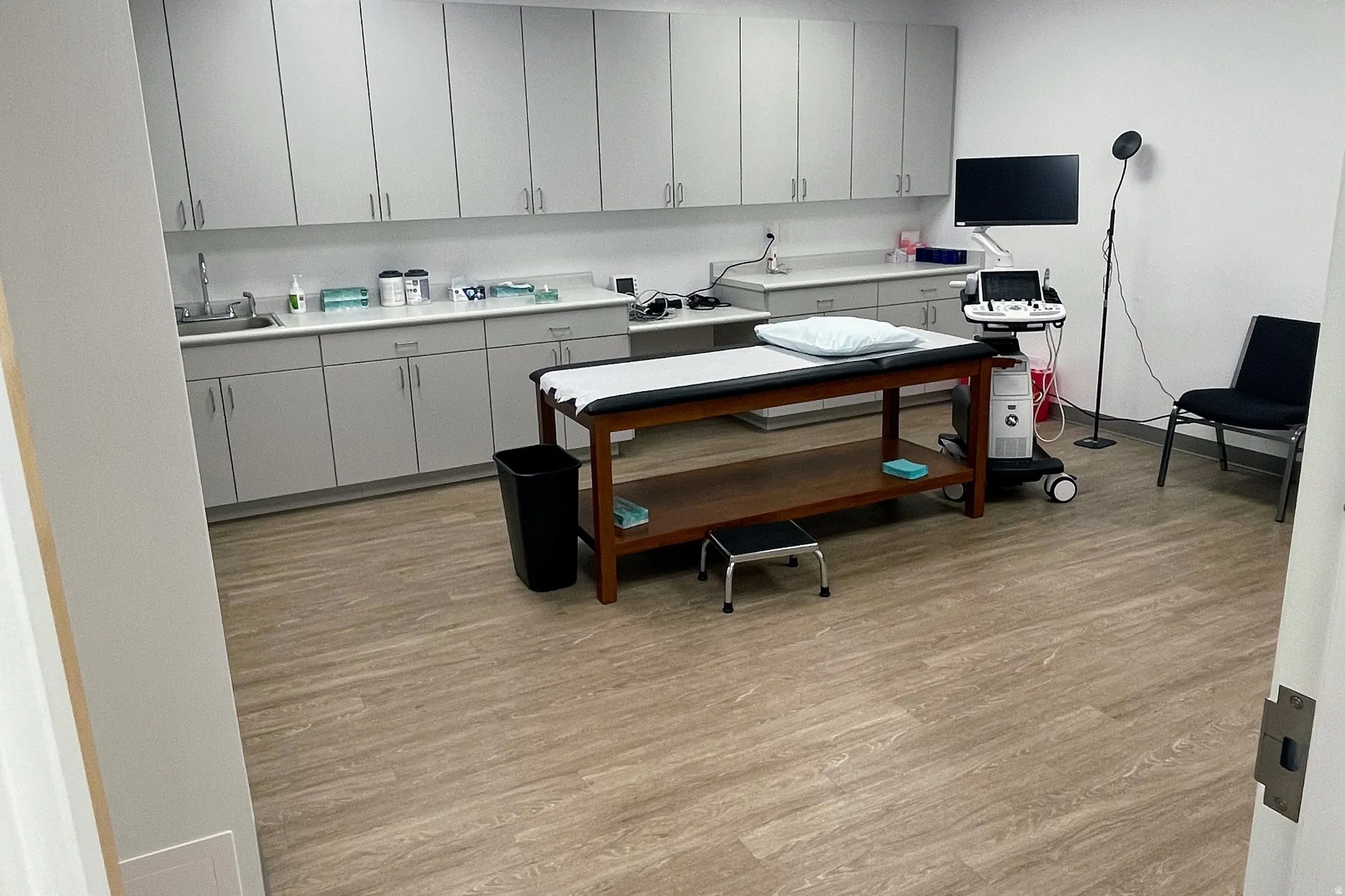 Patient area with light wood-style floors and a sink