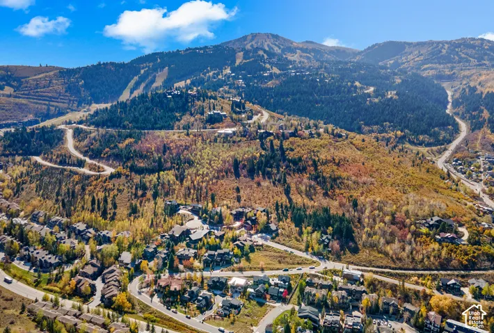 Aerial perspective of mountain topography featuring dense evergreen and deciduous forest terrain, elevated ridges, and winding paved roadway infrastructure
