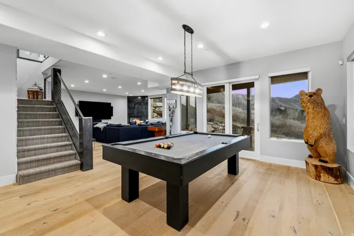 Rec room featuring pool table, light wood finished floors, and recessed lighting