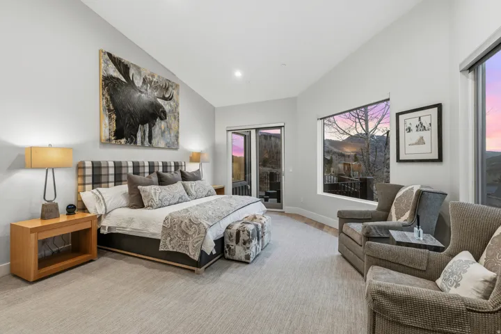 Bedroom with access to outside and lofted ceiling