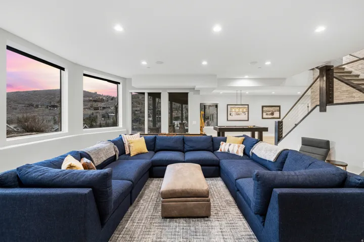 Living area featuring recessed lighting and a mountain view