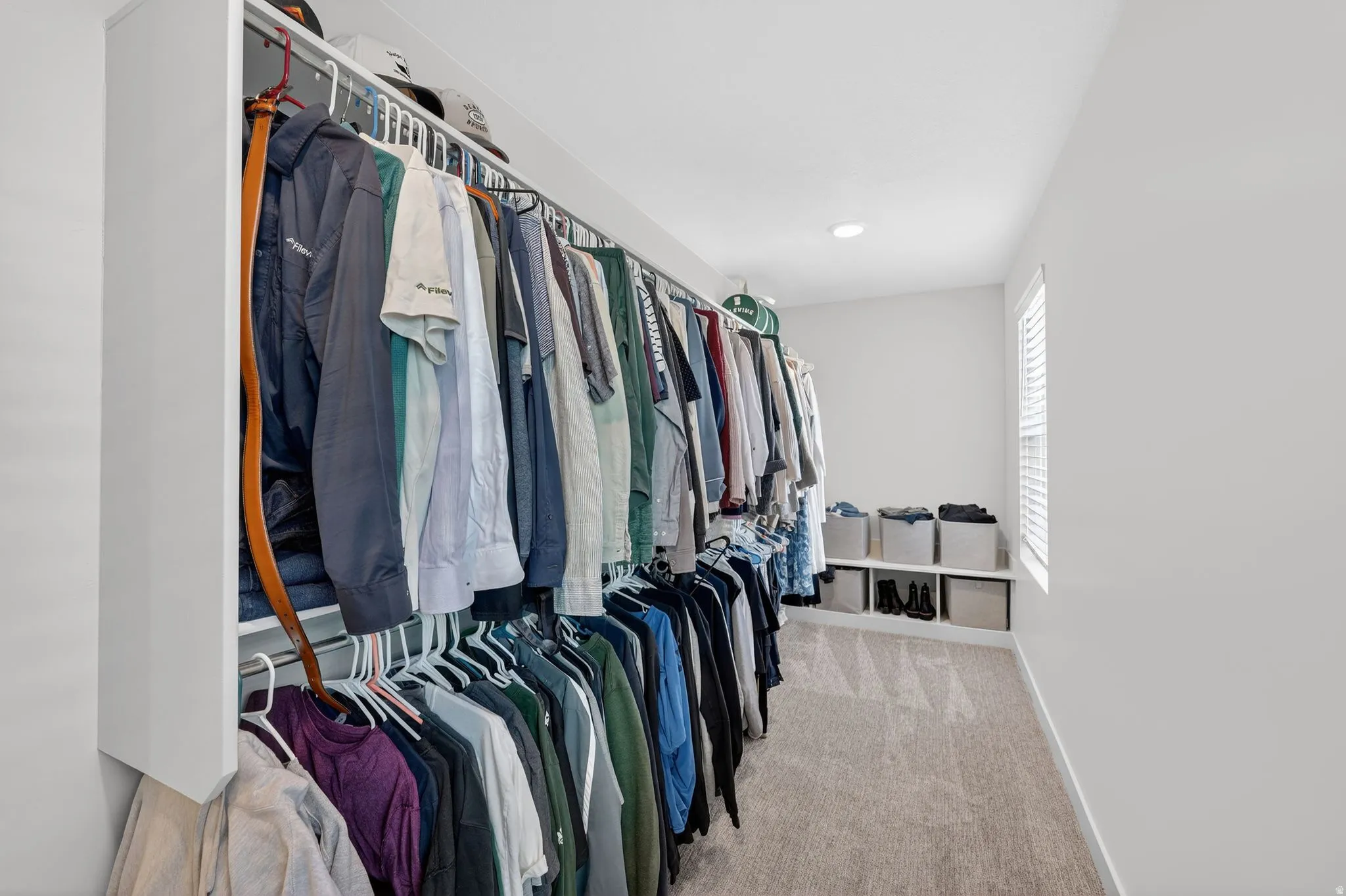 Walk in closet with light carpet