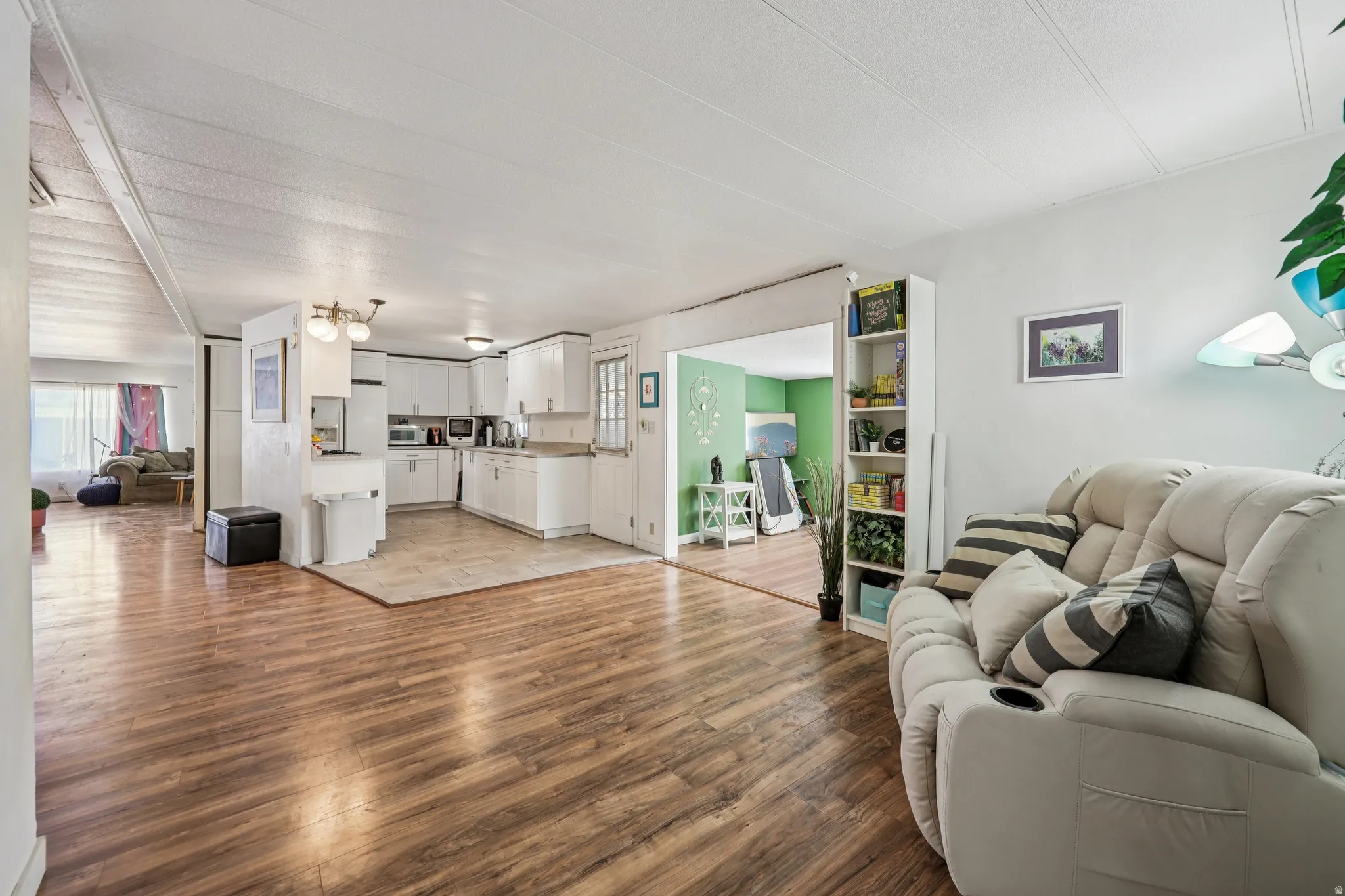 Living room with dark wood finished floors
