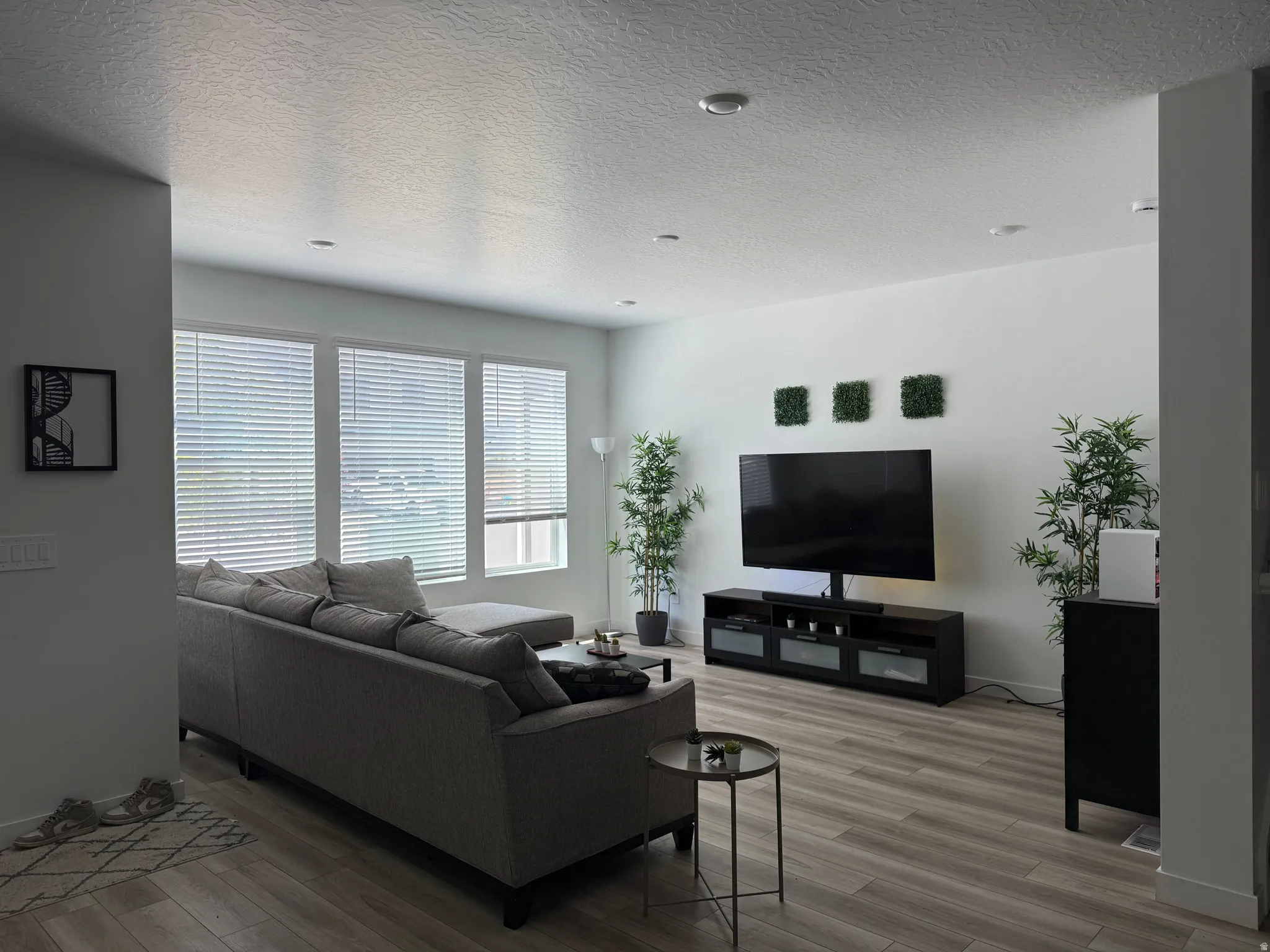 Living room featuring light wood-type flooring and a textured ceiling